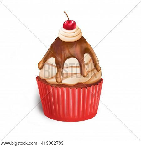 Delicious Cupcake With Cherry And Chocolate Isolated On White Background. Hand-drawn Cupcake With Va
