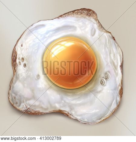 Fried Egg Drawing. Realistic Hand-drawn Illustration For Breakfast Menu, Cafe, Restaurant. Fast Food