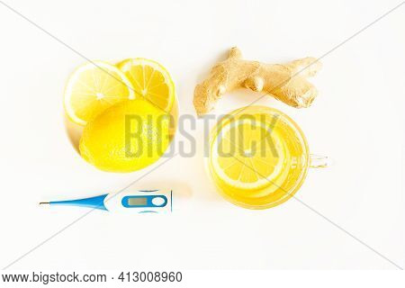 Medicinal Tea In Cup, Ginger, Lemon-strengthen Immune System In The Cold Season. Vitamin Drink For H