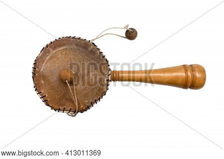 Damaru Drum Percussion Instrument With A Handle On A White Background.