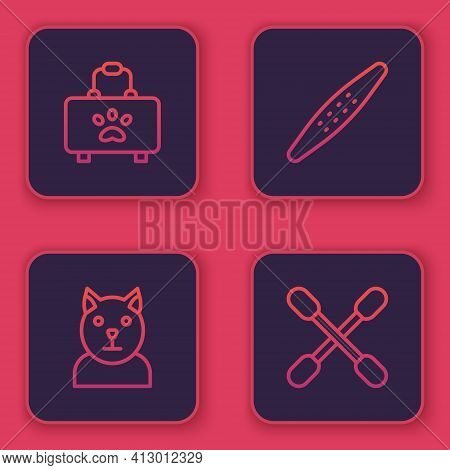 Set Line Pet First Aid Kit, Cat, Nail File Pet And Cotton Swab For Ears. Blue Square Button. Vector