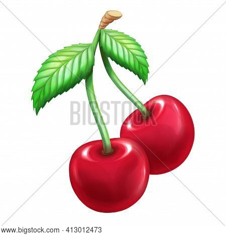 Ripe Juicy Cherries With Leaves On White Background. Two Red Berries Together As A Symbol Of Love. S