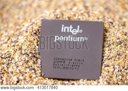 Timisoara, Romania - October 17, 2020: Close-up Of An Intel Pentium A80502150 Processor, 150 Mhz, So