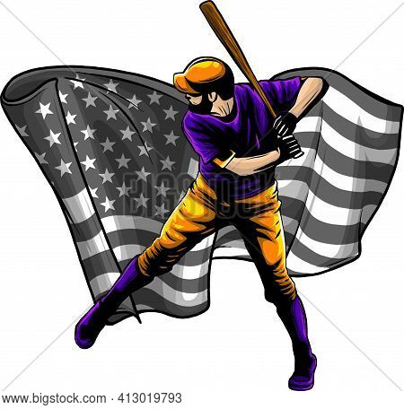 American Flag With Baseball Player Vector Illustration