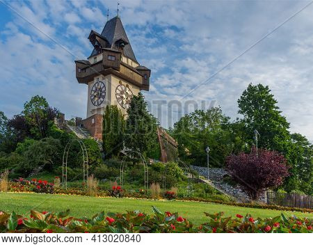 The Famous Clock Tower (grazer Uhrturm) And Gardens On Shlossberg Hill Before Sunrise,in Graz, Styri