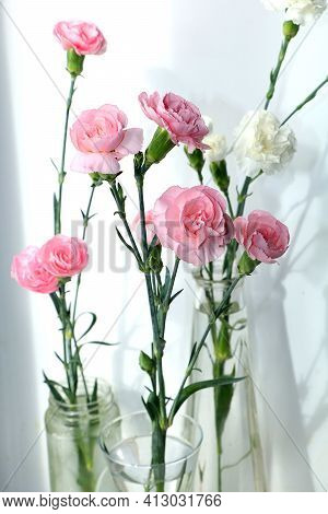 Abstract Spring Or Summer Floral Arrangement, Holiday Concept With Flowers, Still Life, Banner. Gree
