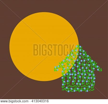 Eco Green House Icon Made Of Tree Branches With Leaves And Blue Flowers Isolated On Brown Background