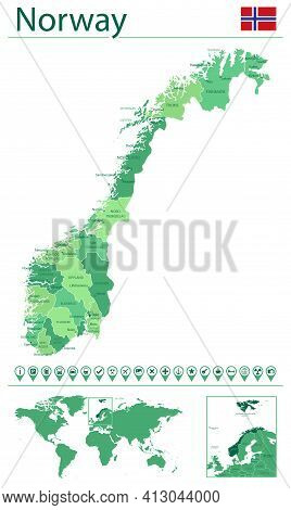 Norway Detailed Map And Flag. Norway On World Map.