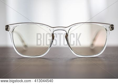 Eyeglasses Close Up. Eye Glasses. Modern Style Eyeglasses. Round Glasses With Transparent Lenses.
