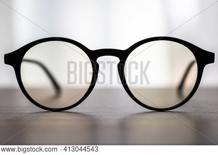 Eyeglasses Close Up. Eye Glasses. Modern Style Eyeglasses. Round Glasses With Transparent Lenses.