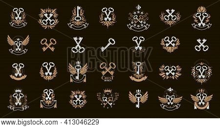 Vintage Keys Vector Logos Or Emblems, Heraldic Design Elements Big Set, Classic Style Heraldry Turnk