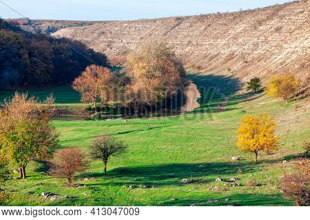 Riverside Valley With Hills . Nature Scenery With River Raut In Furceni From Moldova