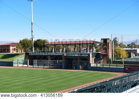 SCOTTSDALE, ARIZONA - 9 Dec 2016: Scottsdale Stadium looking towards the bullpen. The stadium is the Spring Training home of the San Francisco Giants of MLB.