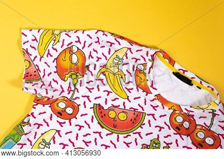 Tyumen, Russia-march 15, 2021: Rick And Morty Cartoon Multi-colored T-shirt. Popular Cartoon