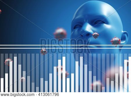 Composition of covid 19 cells with human head model and statistics recording. global coronavirus pandemic and health concept digitally generated image.