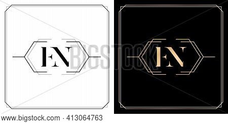En Initial Letter And Graphic Name, En Monogram With Hexagonal Frames And Border, For Wedding Couple
