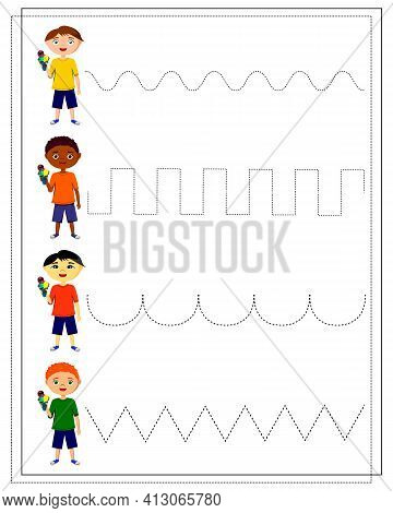 Handwriting Practice Sheet. Educational Children S Game. Line Tracing For Kids And Toddlers. Boys Wi