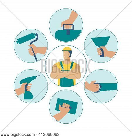 Master Builder And Icons Of Construction, Repair And Finishing Tools In His Hands. Vector Character 