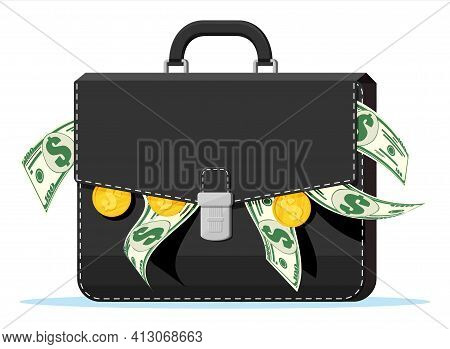 Leather Suitcase Full Of Money. Dollar Banknotes. Golden Coins And Case. Symbol Of Wealth. Business 