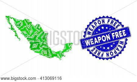 Green Mexico Mosaic Map Designed Of Pistol Gun Items, And Weapon Free Scratched Seal Stamp. Vector P