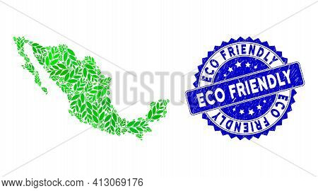 Green Mexico Collage Map Made Of Coca Plant Leaves Elements, And Eco Friendly Distress Badge. Vector