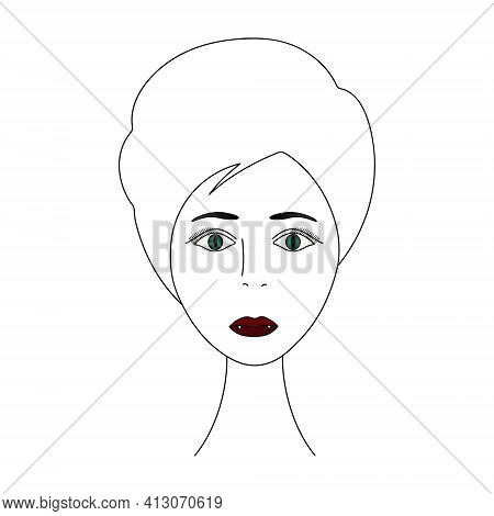 The Face Of A Vampire Girl. Head Of A Woman Full Face. Vector Illustration. Short Pixie Haircut. Plu