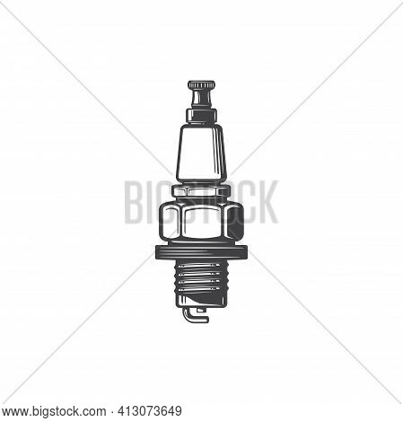 Spark Plug Of Internal Combustion Candle, Automotive Maintenance Sign Isolated Monochrome Icon. Vect