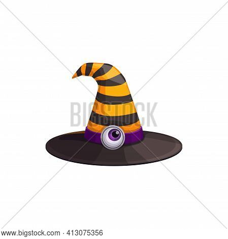 Cartoon Witch Hat Vector Icon, Magician Headwear With Black And Yellow Stripes And Eye Ball On Hatba