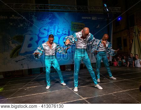 Sibenik, Croatia - July 6, 2018: Grupo Alafia Dance Performances At Salsa Beach Splash Festival In S