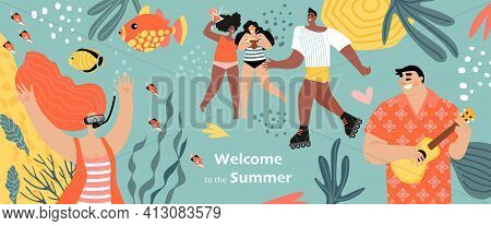 Welcome To Summer Concept With Women With Cocktails, Roller Skating Guy, Diving Girl And Man Playing