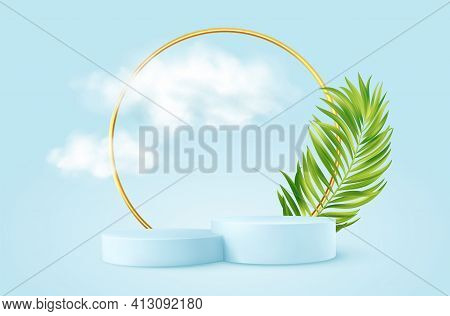 Realistic Blue Product Podium With Golden Round Arch, Plm Leaf And Clouds. Product Podium Scene Desi