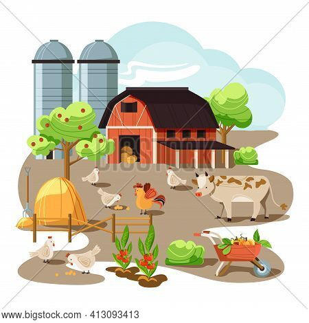 Farm In The Countryside. Red Barn, Mill. Wheat, Sheaf, Vegetable Garden, Cow, Chickens And Eggs. Vil