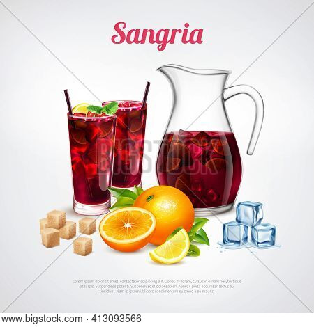 Cocktails Realistic Poster With Sangria Ingredients And Jug Of Alcoholic Beverage Inside Vector Illu