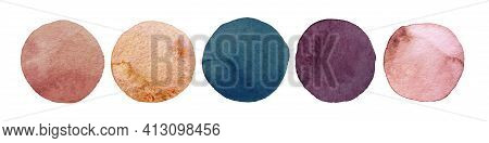 Trend Wedding Color Palette. Watercolor Dots Set. Hand Painted Spots On White Background. Round, Cir