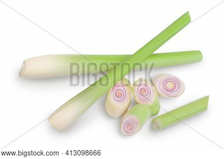 Fresh Lemongrass Isolated On White Background With Clipping Path. Top View. Flat Lay