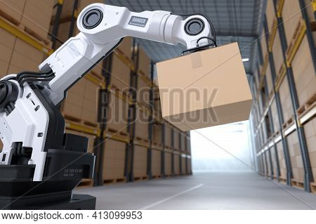 The Robot Arm Picks Up The Cardboard Box In The Warehouse, Automation Robot Arm In The Storehouse. 3