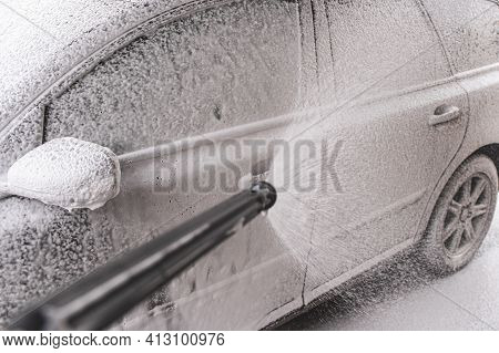 Contactless  Car Wash Self Service System. Washing Dirty Car In Car Wash Station With Foam