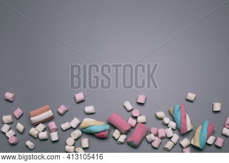 Marshmallows On The Grey Background, With Free Space For Text.