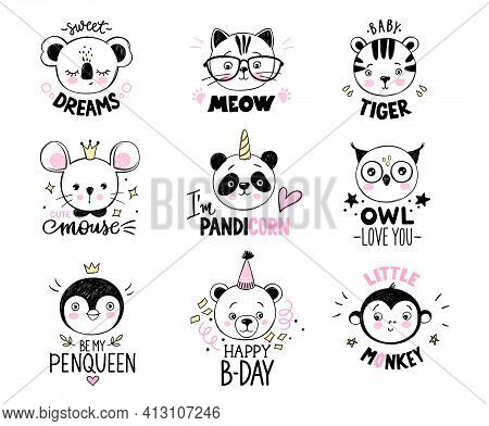 Doodle Animals Vector Set. Owl, Cat, Tiger, Panda, Bear, Monkey, Mouse, Penguin, Koala Faces In Sket