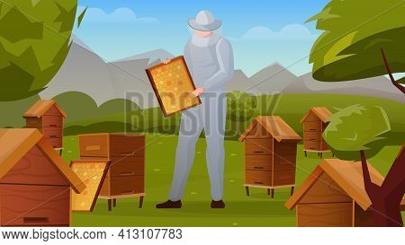 Bee Apiary In Rural Landscape Horizontal Flat Composition With Beekeeper Holding Frame With Honeycom