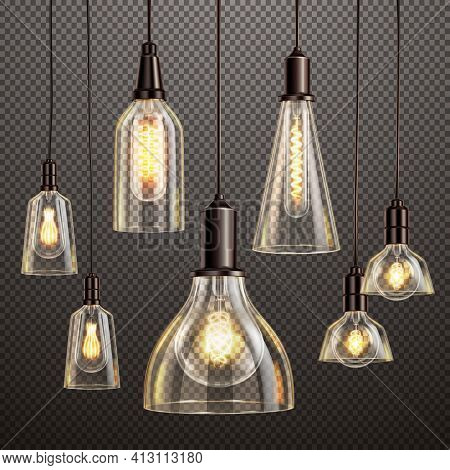 Hanging Deco Glass Lamps With Glowing Filament Antique Led Light Bulbs Realistic Dark Transparent Se