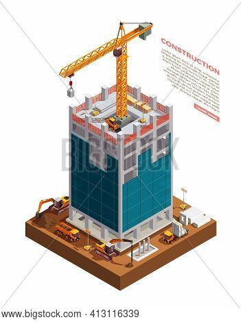 Construction Equipment On Building Site Of Sky Scraper From Concrete And Glass Isometric Composition