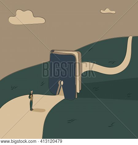 Concept:book Is Source Of Knowledge.tiny Boy Stand On Wide Road In Front Keyhole Entrance In Book To