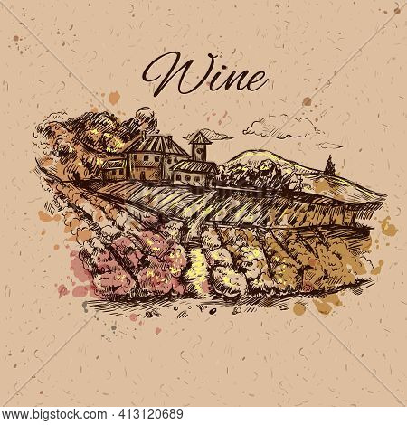Hand Drawn Vineyard Landscape Composition Field With Growing Grapes On Beige Background And Headline