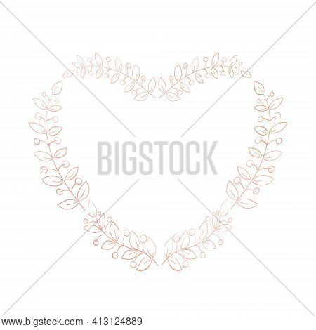 Floral Frame In Shape Of Heart Isolated On White Background. Delicate Wreath Of Pink Color Twigs, Ha