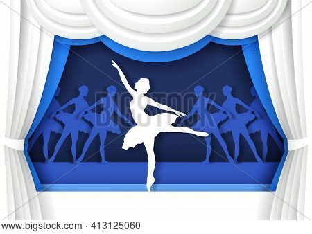 Beautiful Ballerina Dancing On Stage. Vector Illustration In Paper Art Craft Style. Classic Ballet D