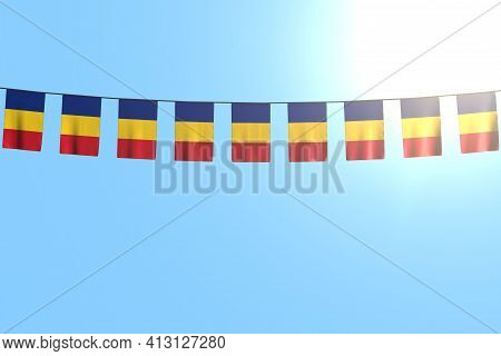 Wonderful Many Romania Flags Or Banners Hanging On String On Blue Sky Background - Any Feast Flag 3d