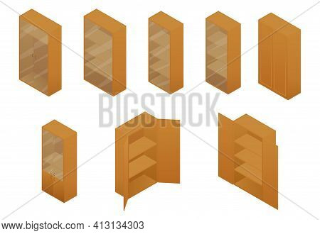Cupboard Isometric Set Of Different Brown Rustic Furniture. Vector Illustration Cabinet, Vitrine Or 