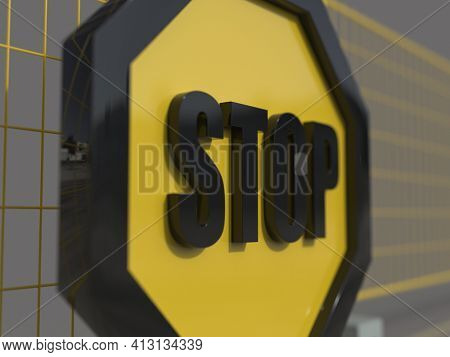3d render STOP! You are Not Allowed Here, YellowÂ Octagonal Stop Roadsign with Big Hand Symbol for Prohibited Activities, Traffic Stop Blocking Sign, Prohibition Icon, No Entry Signal, Yellow Warning