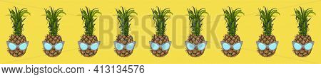 Pineapple Fruit In A Sunglasses - On An Illuminating Yellow Background. Seamless Bordur. Ultimate Gr